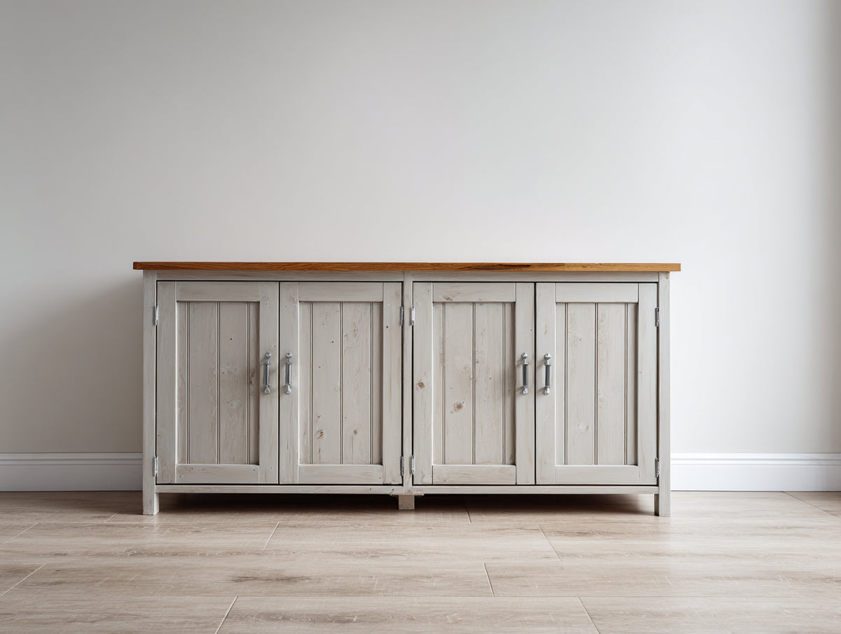 Buffet - Bois - 160 x 42 x 82 cm - Blanc vieilli-Bois naturel - Style rustique